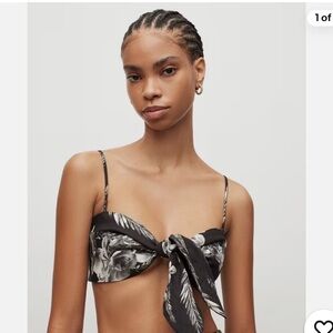 AllSaints Riah Mia Black & White Floral Tie-Front Bandeau Linen Crop Top